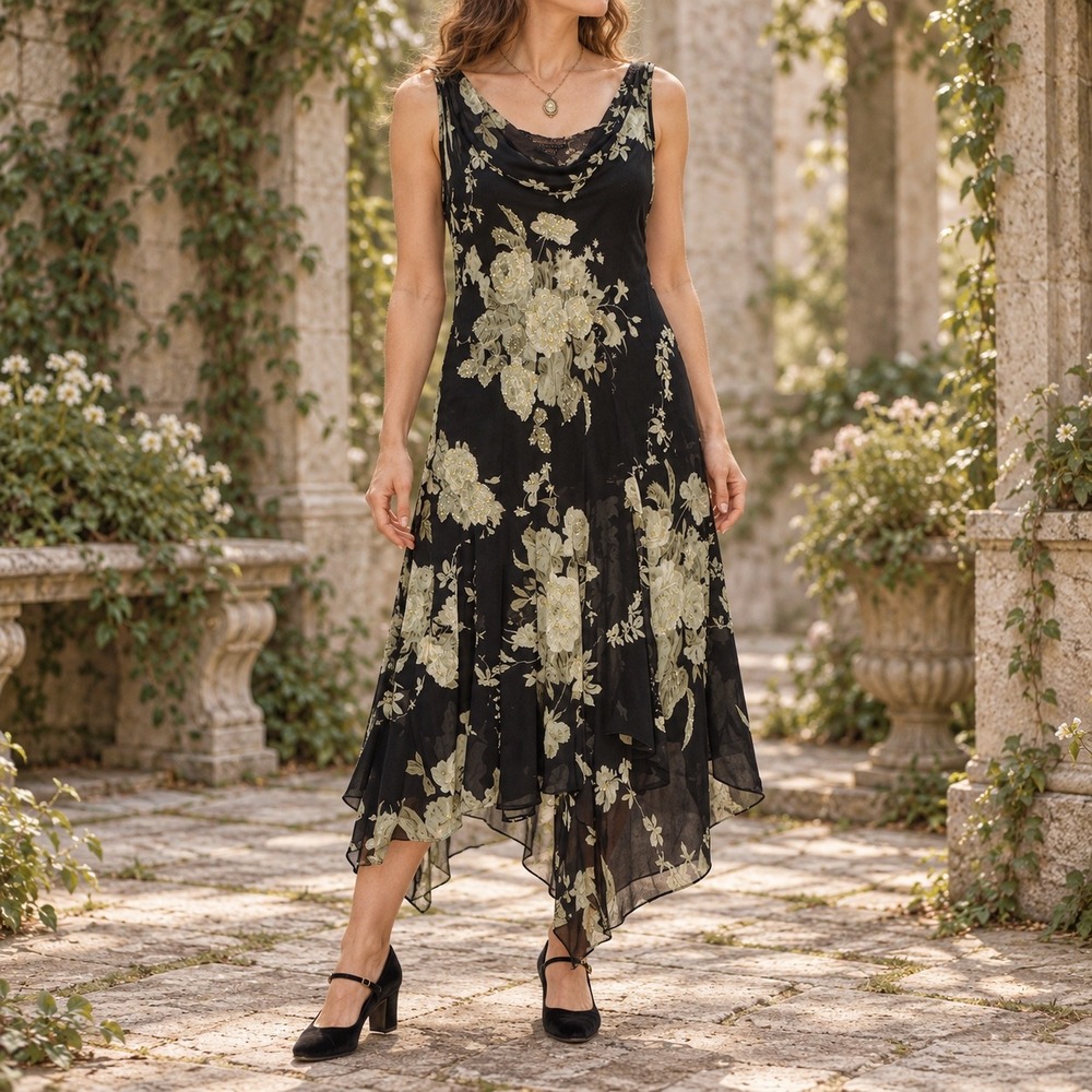 Connected Apparel Floral Beaded Dress L Black Cowl Neck Fairycore Whimsigoth